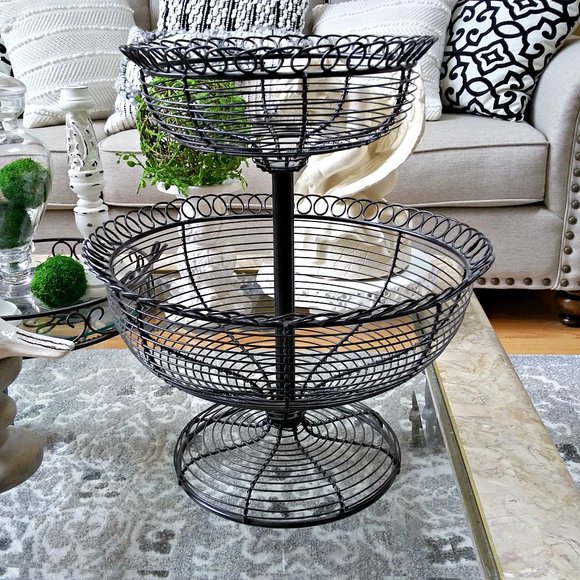 MASSIVE Vintage SOLID Wire 2 TIERED BASKET